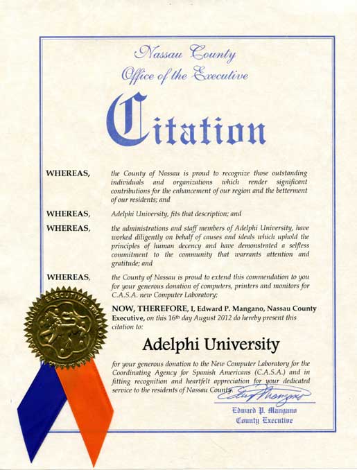 Adelphi University citation from Nassau County Executive Ed Mangano 