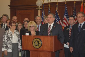 Nassau County Executive Edward P. Mangano speaking at a press conference on Tuesday, February 25, 2013