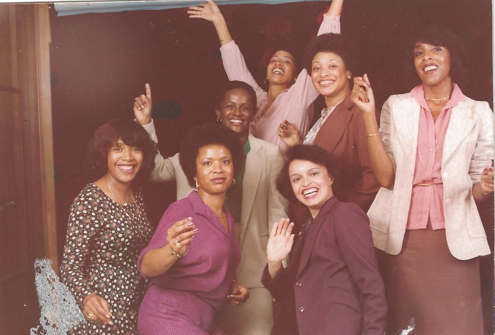 1979 Reunion in Washington, D.C. From left: (front) Lavida (Robinson) Allen ’72, Lorene (Street) Wilkerson ’69, Charlotte (Matthews) Harris ’69; (middle) Renaye (Brown) Cuyler ’70, Diane (Hunter) Hazel ’69, Jacquelyn Lendsey ’71; (back, arms extended) Joyce (Barnett) Montague ’69.