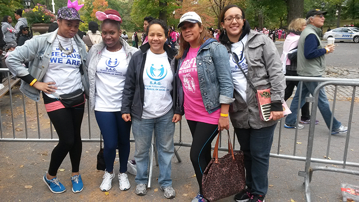 Gerardine Francois, Thania Laborde, Adelphi School of Social Work Student Affairs Coordinator Aixa Rodriguez, Clara Cabrera and Alexandra Quinones at the 2014 Making Strides Against Breast Cancer Walk in Central Park.